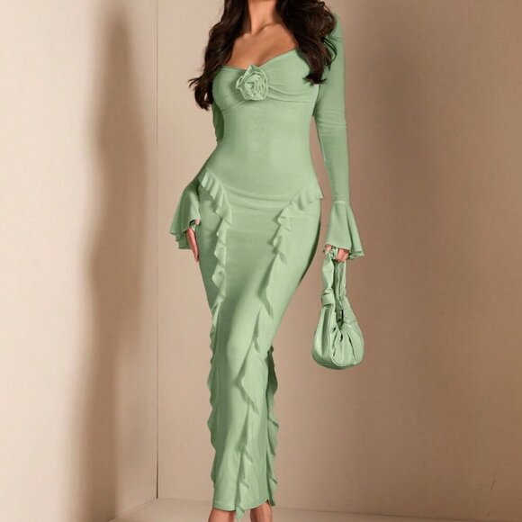 Green Elegant Women's Long Sleeve Floral 3d Decorative Ruffled Dress - Picture 5 of 8